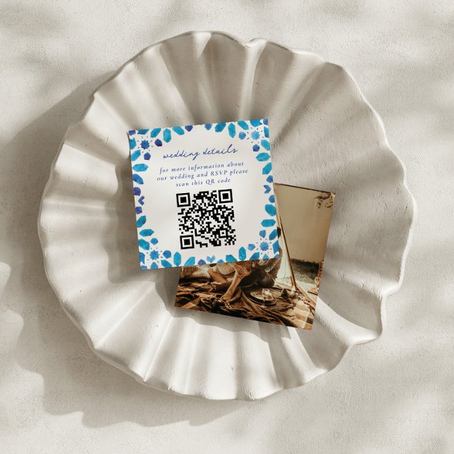 Blue Moroccan Tiles QR Code Wedding Enclosure Card (Creator Uploaded)