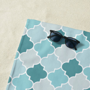 Blue Moroccan Trellis, Latticework, Quatrefoil Beach Towel