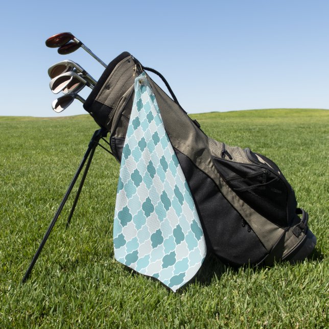Blue Moroccan Trellis, Latticework, Quatrefoil Golf Towel (Green)