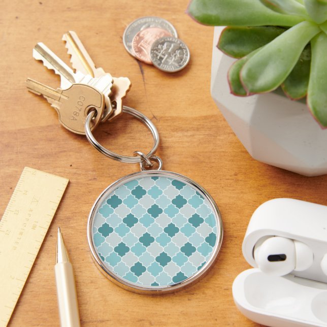 Blue Moroccan Trellis, Latticework, Quatrefoil Key Ring (Desk)