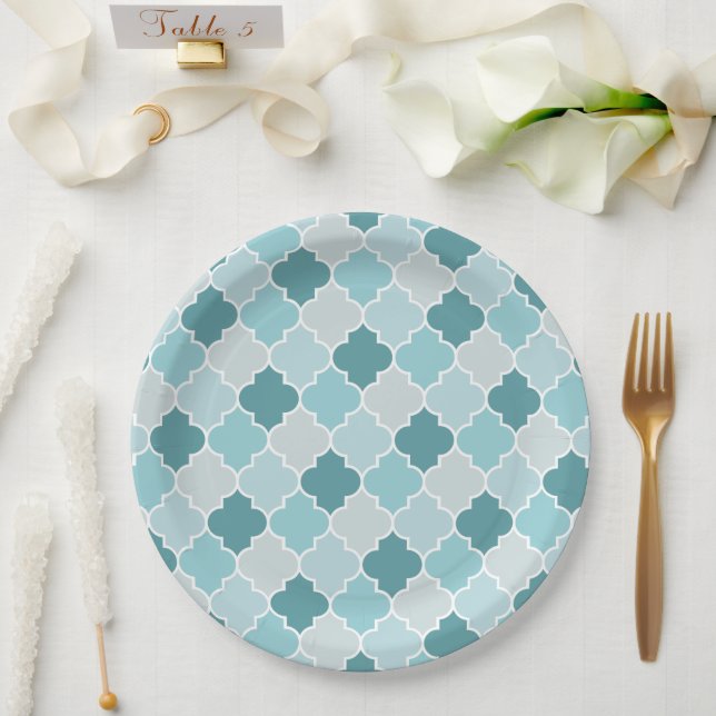 Blue Moroccan Trellis, Latticework, Quatrefoil Paper Plate (Wedding)