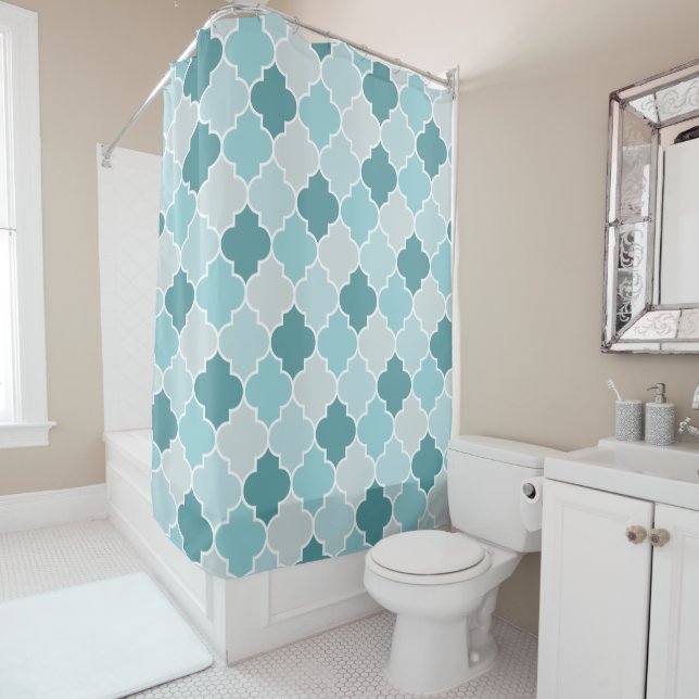 Blue Moroccan Trellis, Latticework, Quatrefoil Shower Curtain (In Situ)