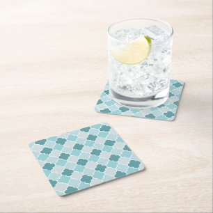 Blue Moroccan Trellis, Latticework, Quatrefoil Square Paper Coaster
