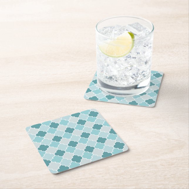 Blue Moroccan Trellis, Latticework, Quatrefoil Square Paper Coaster (Insitu)