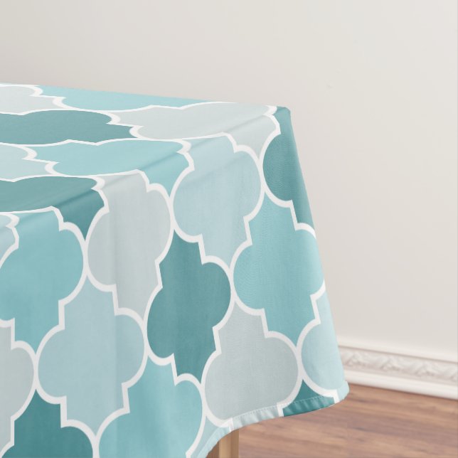 Blue Moroccan Trellis, Latticework, Quatrefoil Tablecloth (In Situ)