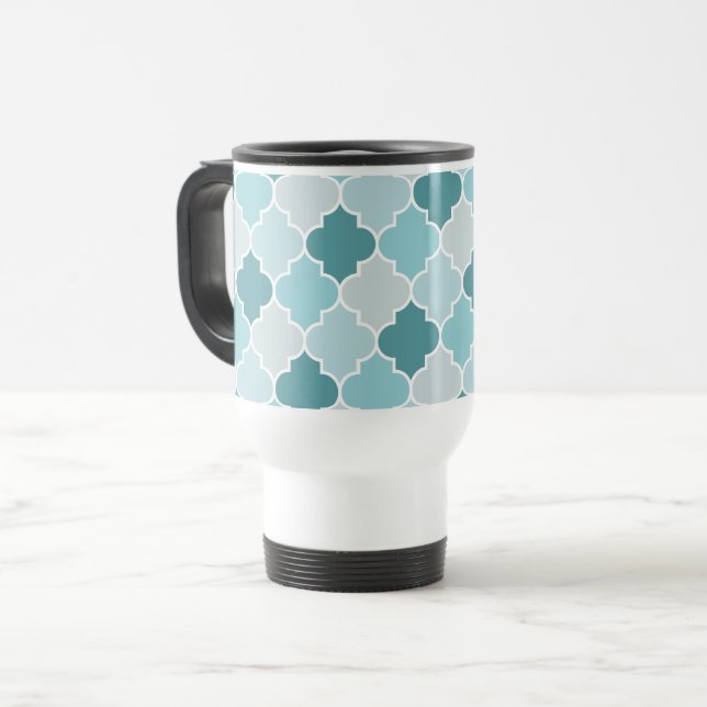 Blue Moroccan Trellis, Latticework, Quatrefoil Travel Mug (Front Left)
