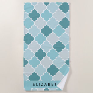 Blue Moroccan Trellis, Quatrefoil, Your Name Beach Towel