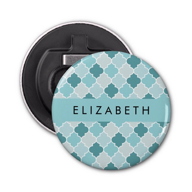 Blue Moroccan Trellis, Quatrefoil, Your Name Bottle Opener (Front)