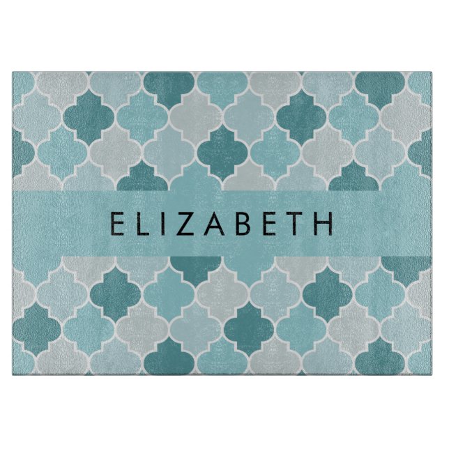 Blue Moroccan Trellis, Quatrefoil, Your Name Cutting Board (Front)