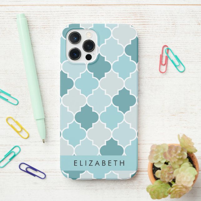 Blue Moroccan Trellis, Quatrefoil, Your Name iPhone Case (On Desk)