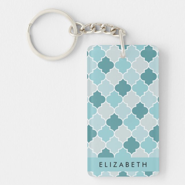 Blue Moroccan Trellis, Quatrefoil, Your Name Key Ring (Front)