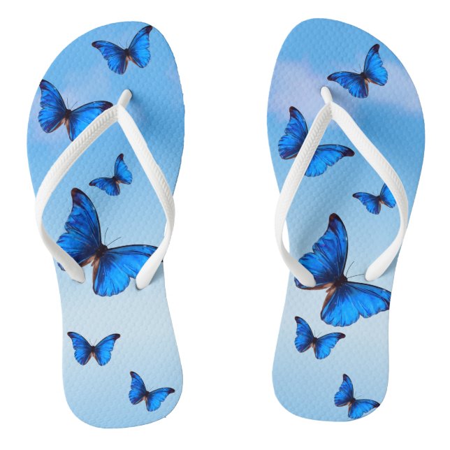 Blue Morpho Butterflies Flying in Sky Thongs (Footbed)