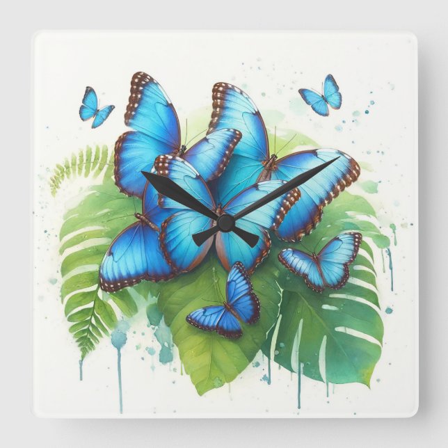 Blue Morpho Butterflies Gathering REF256 - Waterco Square Wall Clock (Front)