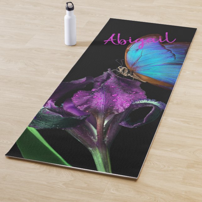 Blue Morpho Butterfly and Purple Iris Yoga Mat (In Situ)