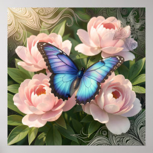 Blue Morpho Butterfly Floral Botanical Art Poste Poster