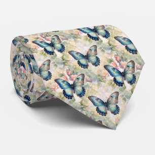 Blue Morpho Butterfly Floral Botanical Watercolor Tie