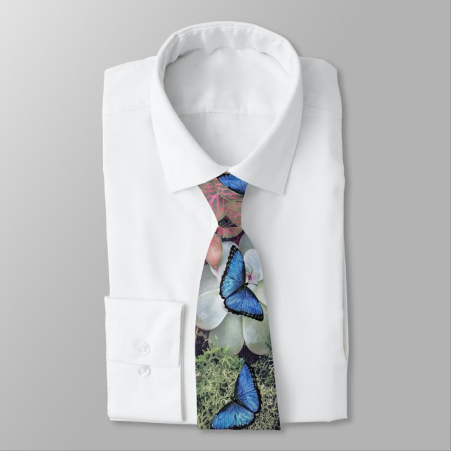 Blue Morpho Butterfly Floral Nature Art Tie (Tied)
