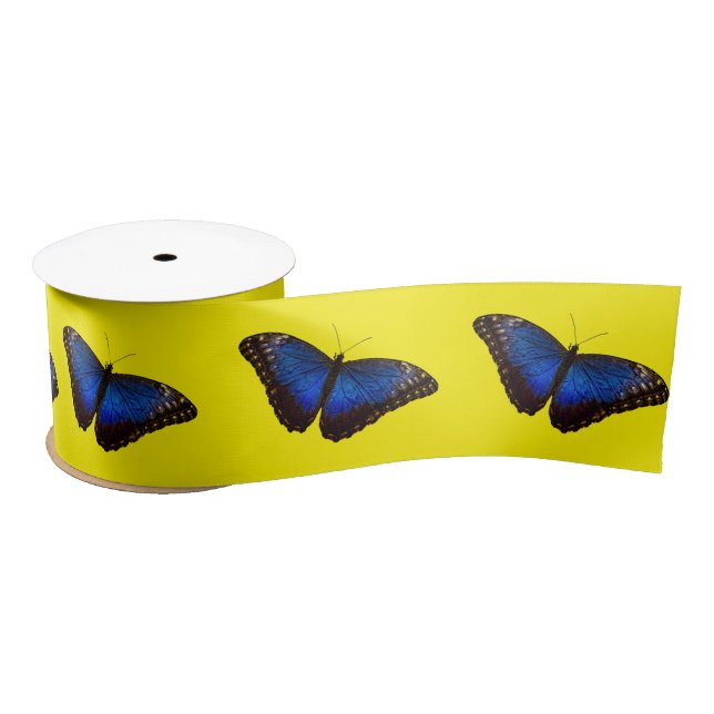 Blue Morpho Butterfly on Bright Yellow Satin Ribbon (Spool)