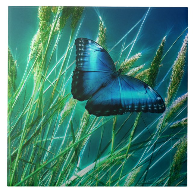 Blue Morpho Butterfly on Green Grass Ceramic Tile (Front)