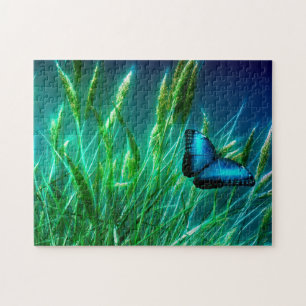 Blue Morpho Butterfly on Green Grass Jigsaw Puzzle