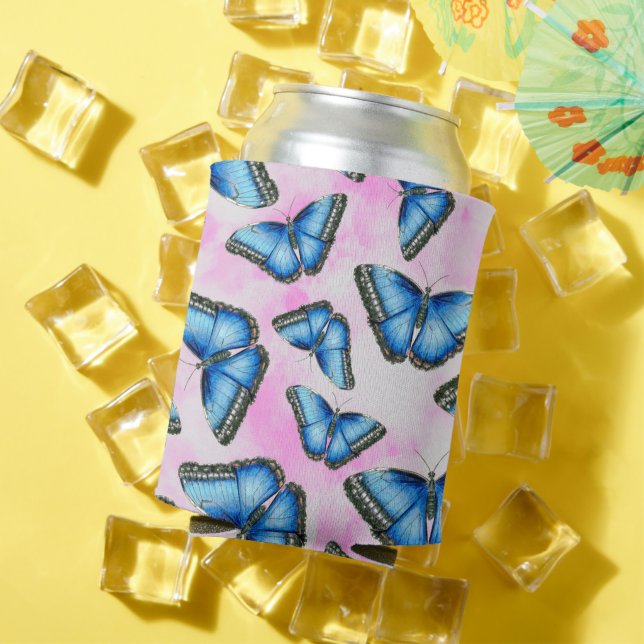 Blue Morpho Butterfly on Pink Clouds Illustration Can Cooler (In Situ Summer)