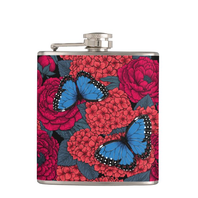 Blue morpho garden hip flask (Front)