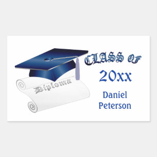 Blue mortar & diploma, class of any year rectangular sticker