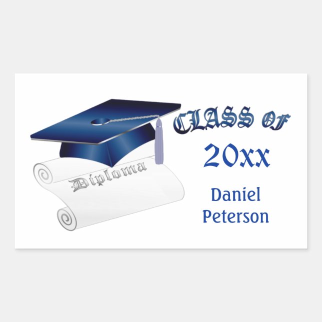 Blue mortar & diploma, class of any year rectangular sticker (Front)