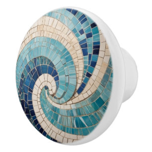 Blue Mosaic Abstract Ocean Wave Swirl Sea Theme Ceramic Knob
