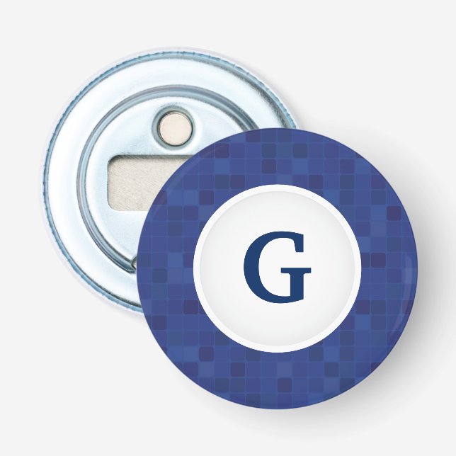 Blue mosaic pixel pattern personalised monogram  bottle opener (Front)
