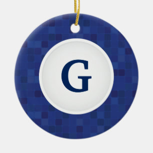 Blue mosaic pixel pattern personalised monogram  ceramic ornament