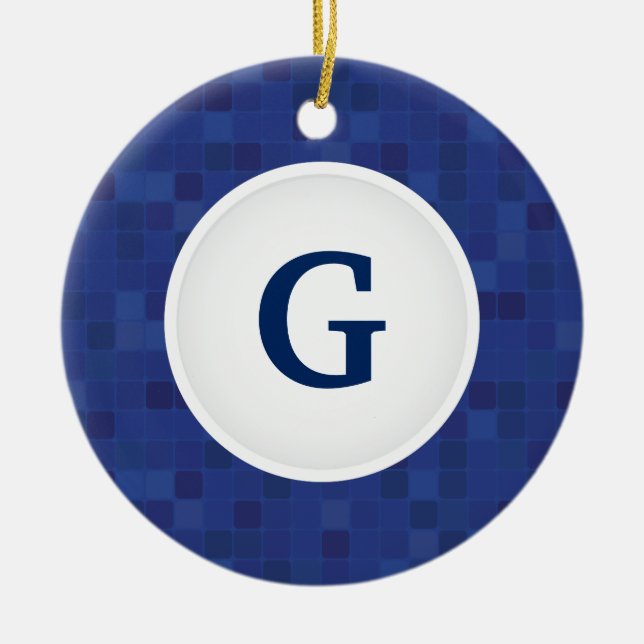 Blue mosaic pixel pattern personalised monogram  ceramic ornament (Front)