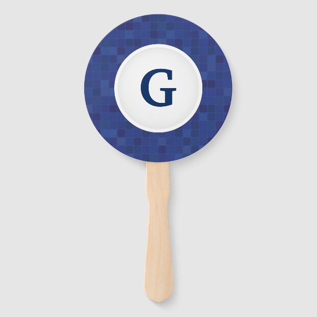 Blue mosaic pixel pattern personalised monogram  hand fan (Front)