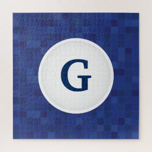 Blue mosaic pixel pattern personalised monogram jigsaw puzzle