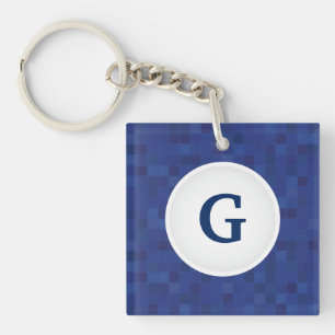 Blue mosaic pixel pattern personalised monogram  key ring