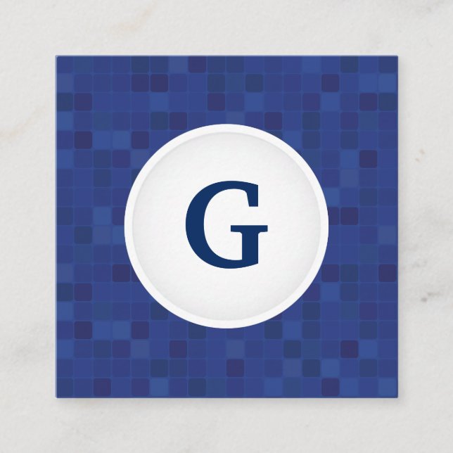 Blue mosaic pixel pattern personalised monogram square business card (Front)