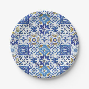 Blue Mosaic Tiles Birthday Bridal Baby Shower Paper Plate