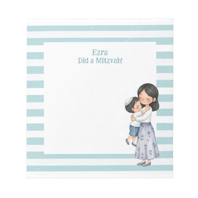 Blue Mother & Son Hug Personalised Mitzvah Notepad (Front)