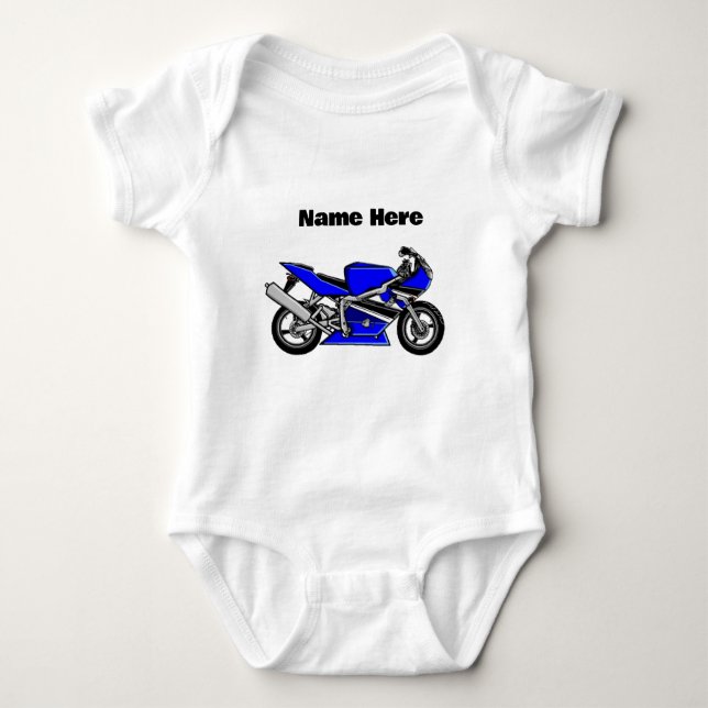 Blue Motorbike Personalized White  Baby Bodysuit (Front)