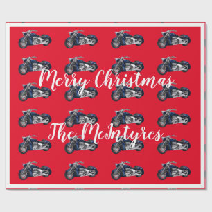 Blue Motorcycles on Red Christmas Wrapping Paper