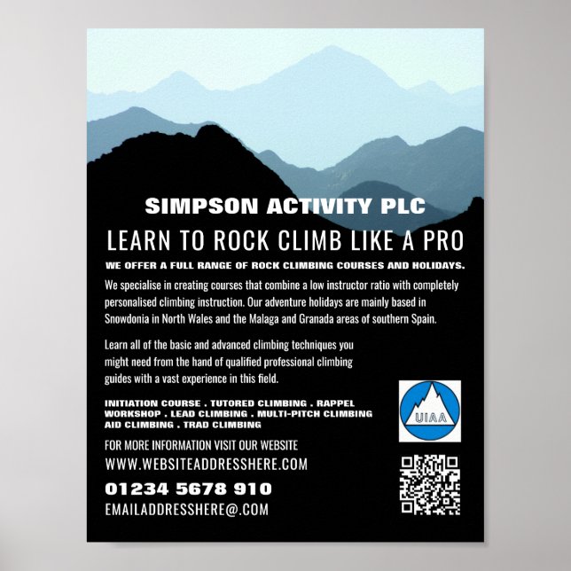 Blue Mountain Landscape, Hiking & Climbing Advert Poster (Front)