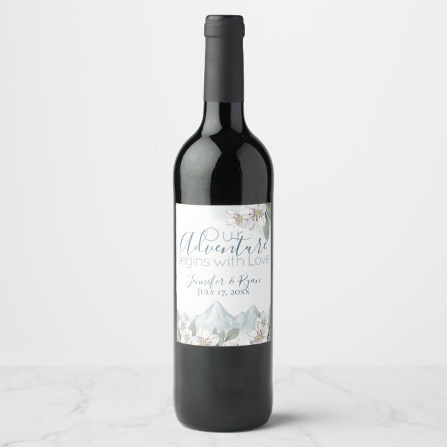 Blue Mountain Laurel Floral Watercolor Wine Label (Front)