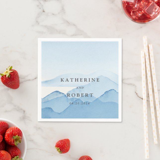 Blue Mountain Range Landscape Wedding Monogram Napkin (Insitu)
