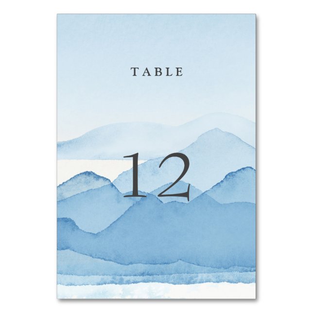 Blue Mountain Range Landscape Wedding Table Number (Front)