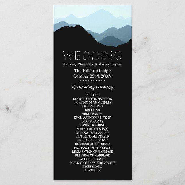 Blue Mountain Range, Modern Wedding Program (Front)
