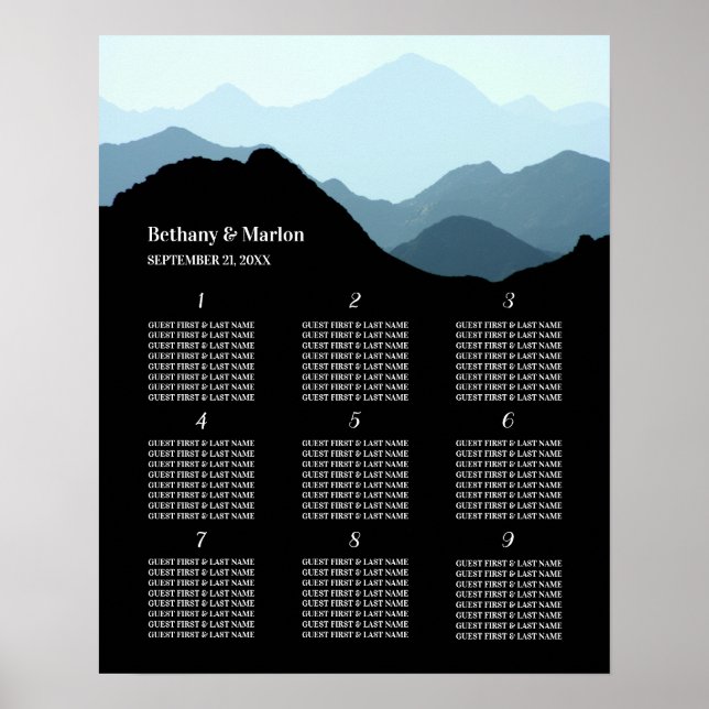 Blue Mountain Range, Rustic Wedding Seating Chart (Front)