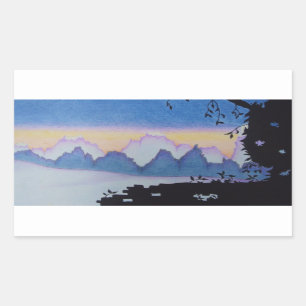Blue mountain sunset abstract landscape painting rectangular sticker