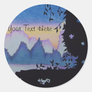 Blue mountain sunset landscape illustration classic round sticker