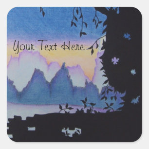 Blue mountain sunset landscape illustration square sticker