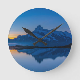 Blue Mountain Sunset Water Reflection Round Clock